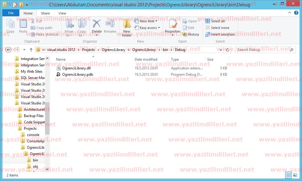 Class library projesinin debug klasörü