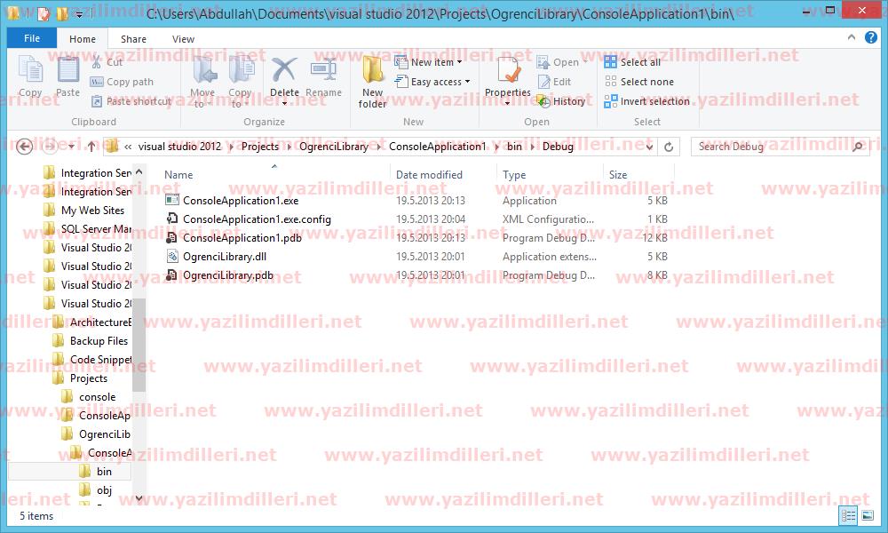 Yeni projenin debug klasörü
