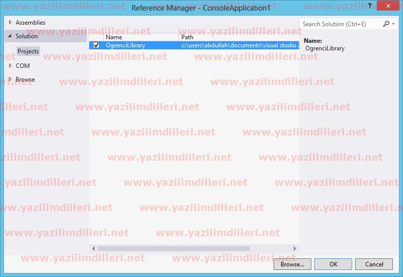 Projeye class library projesini referans olarak ekleme
