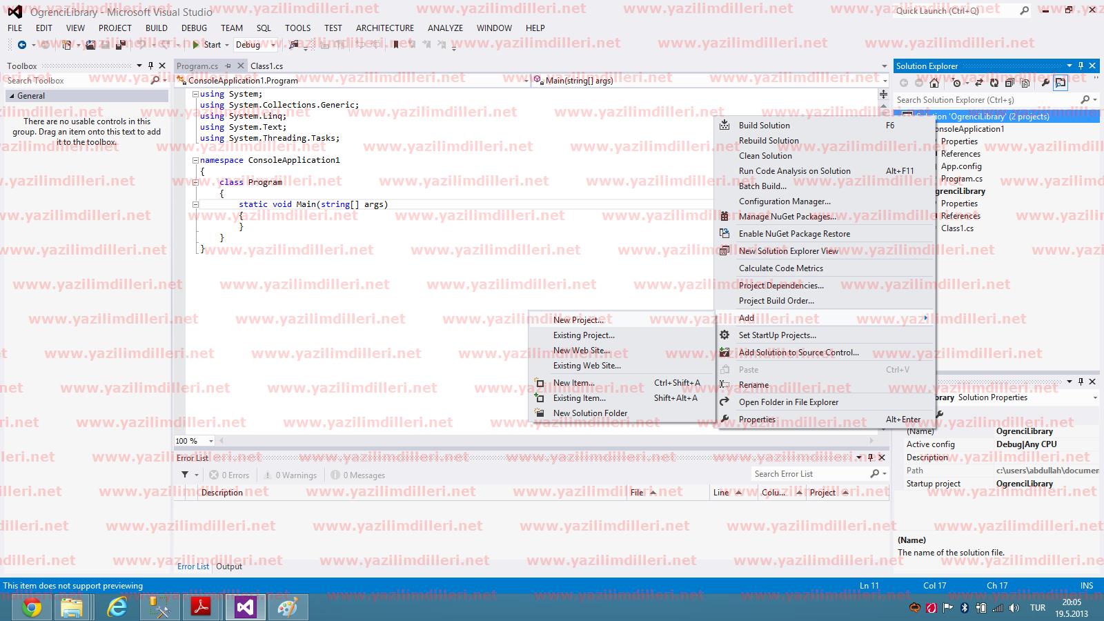 Solution içine yeni proje ekleme