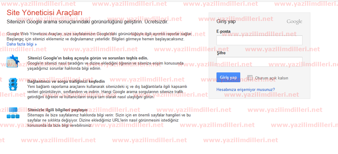 google web yöneticisi giriş ekranı