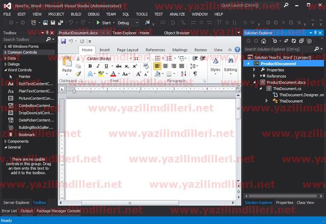 Visual Studio 2012 Word projesi çalışma ekranı