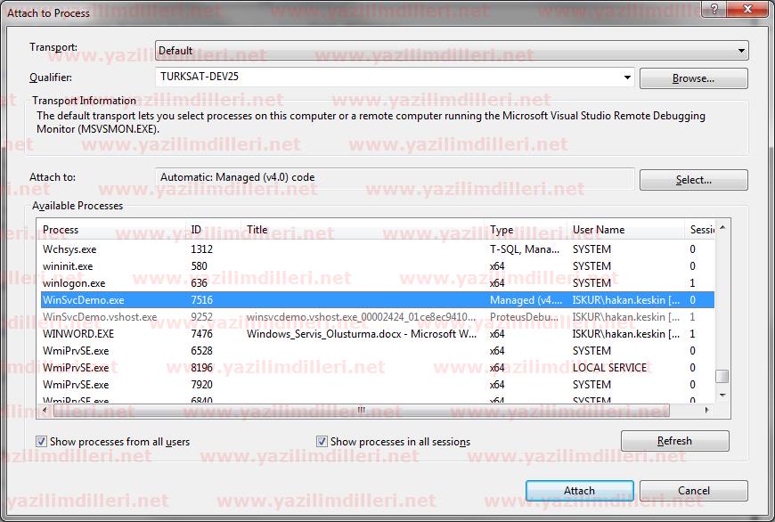 Windows servisini projeye attach etme