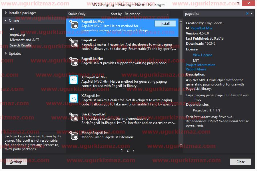 Asp.Net MVC Paging HTML Helper Nuget üzerinden indirme