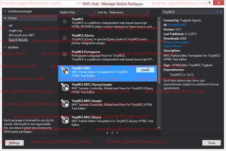 Asp.Net MVC TinyMCE editörünü Nuget üzerinden kurma