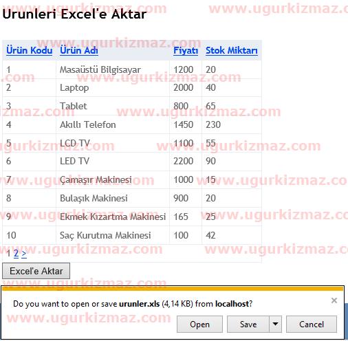 Asp.Net MVC WebGrid ile verileri Excel'e aktarma