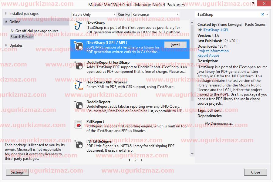 NuGet ile iTextSharp (LGPL / MPL) indirme