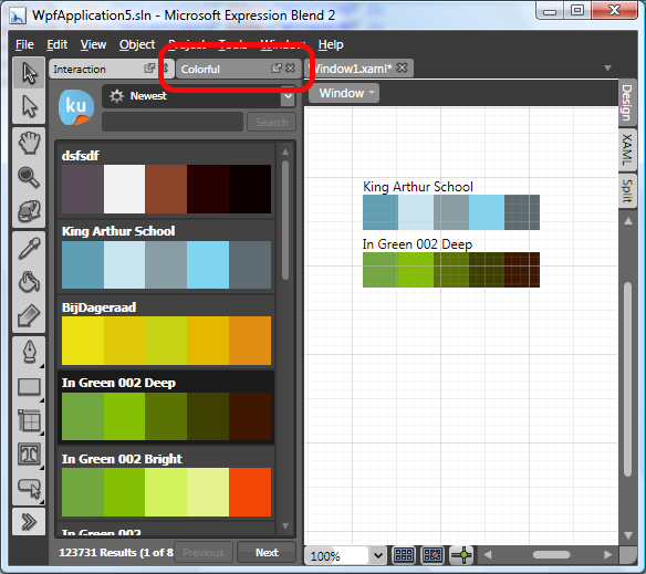 Expression Blend 2 içerisinde Colorful paneli.