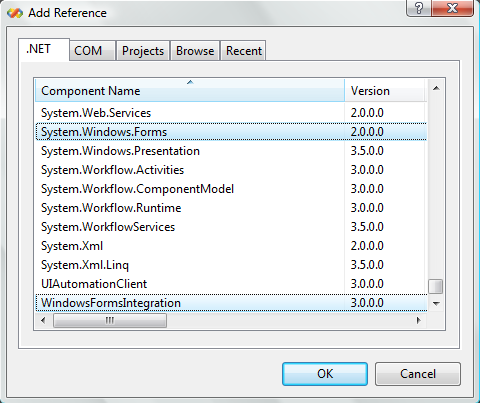 WPF projemizde Winforms kontrolleri kullanabilmek için  eklediğimiz referanslar.