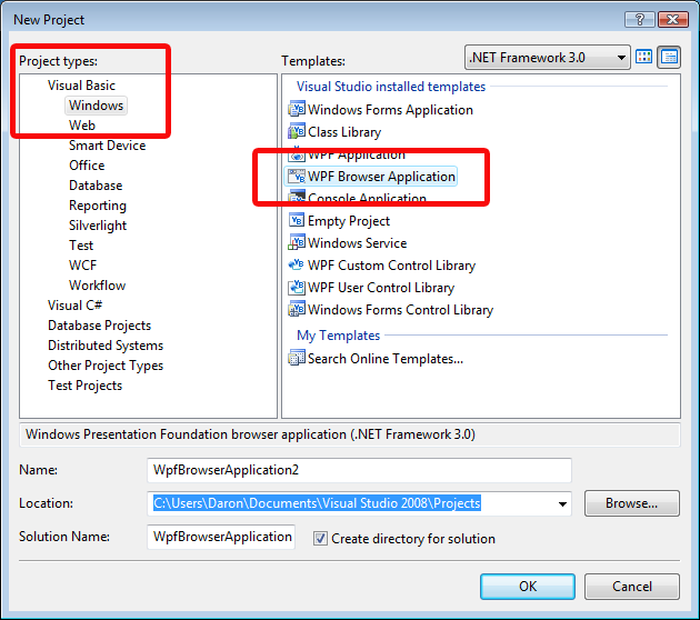 Visual Studio 2008 ile WPF Browser Application yaratıyoruz.
