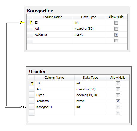 Örneğimizdeki veritabanının tasarımı.