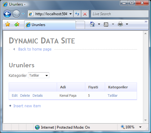 Ürünler'in gösterildiği Dynamic Data Sayfası