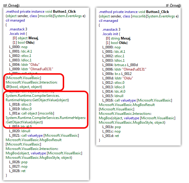 IIF ve IF'in Intermediate Language'daki karşılaştırması.