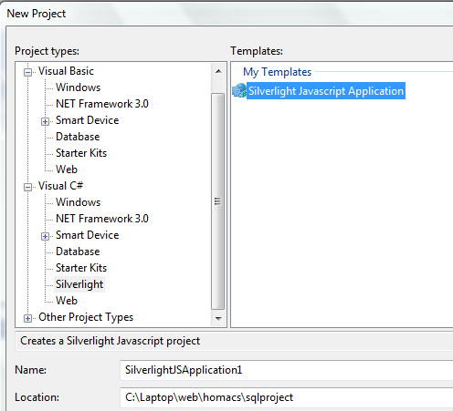 Visual Studio 2005 içerisinde Silverlight Proje seçeneği.