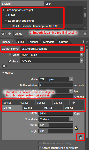 Expression Encoder 3 içerisinde Smooth Streaming ayarları.